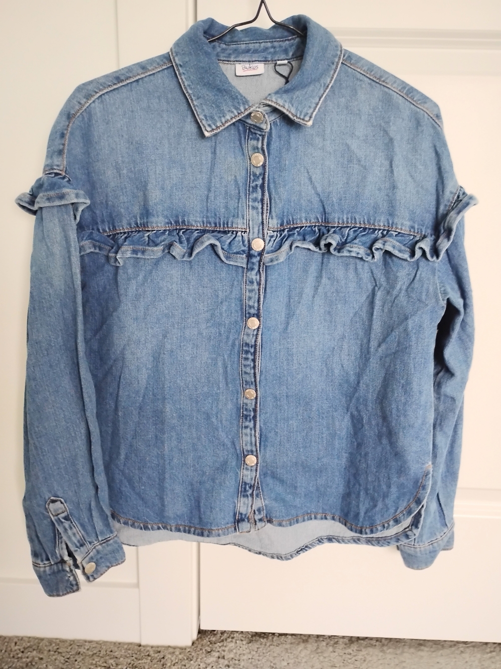 Girls' Light Blue Denim Ruffle-Trim Long Sleeve Shirt